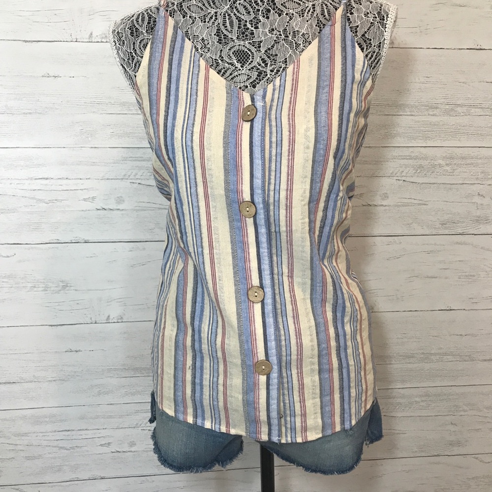 Striped V-Neck Button down Tank Spaghetti Straps - Picture 4 of 8